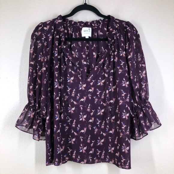 Misa Los Angeles Tops - MISA Los Angeles Top Purple Floral Blouse Short Sleeve Shirt V Neck Sheer Small